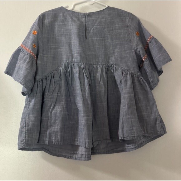 Cat & Jack S 6-6X Blue  bell sleeve girls embroidered floral boho cotton blouse - Picture 2 of 9